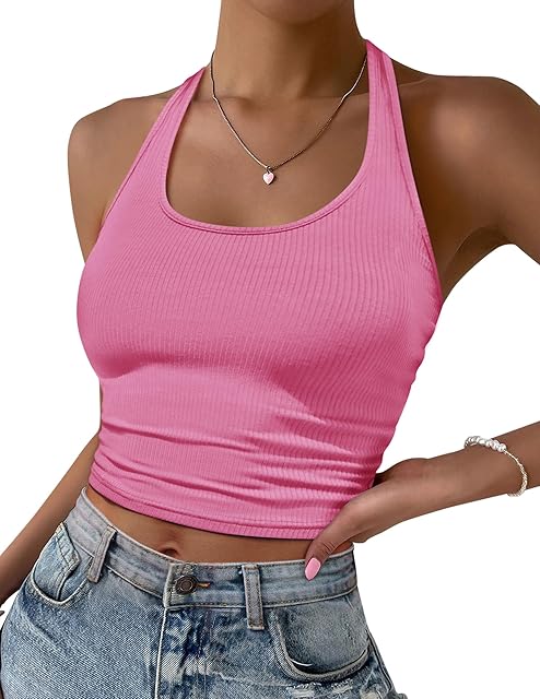 Women Halter Top Backless Scroop Neck Slim Stretchy Ribbed Knit Camisole Crop Tops S-XXL