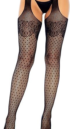 Womens Fishnet Stockings with Attached Garter Belt, Black, O/S