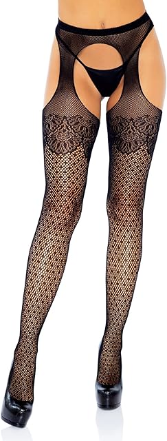 Womens Fishnet Stockings with Attached Garter Belt, Black, O/S