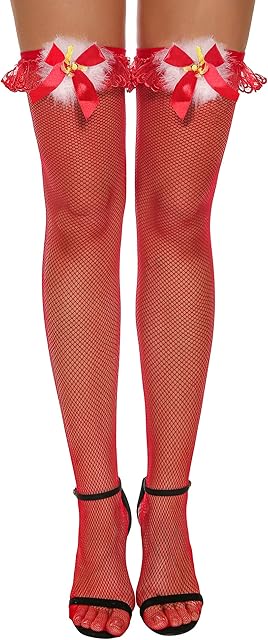 Women Christmas Thigh High Stockings Sexy Santa Fishnet Lingerie Red Hosiery Pantyhose
