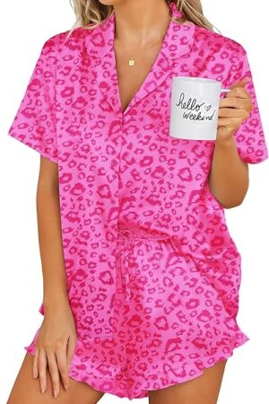 Womens Satin Pajamas Set Button Down 2 Piece Silk Pjs Shorts Set Ruffle Lingerie Notch Collar Sleepwear
