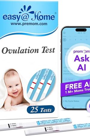 Easy@Home Ovulation Test Strips, 25 Pack Fertility Tests, Ovulation Predictor Kit, Powered by Premom Ovulation Predictor iOS and Android App, 25 LH Strips