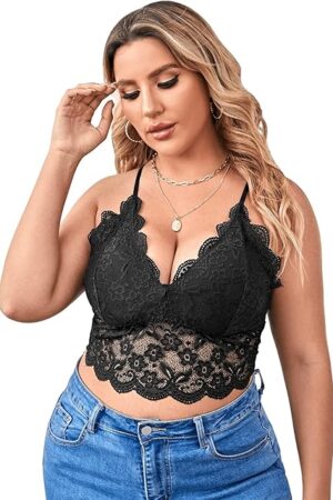Women's Plus Size Sexy Floral Lace Scalloped Trim Wireless Bra Adjustable Strap V Neck Everyday Bralette