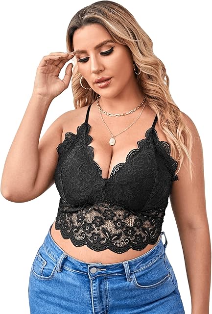 Women's Plus Size Sexy Floral Lace Scalloped Trim Wireless Bra Adjustable Strap V Neck Everyday Bralette
