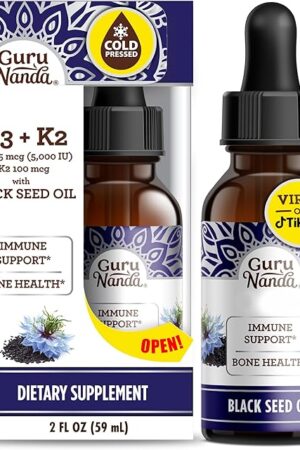 GuruNanda Black Seed Oil, Cold-Pressed Nigella Sativa - Rich in Vitamin D3 5000 Units, K2 & E, High Thymoquinone | Potent Antioxidant for Immune Support, Non-GMO, 2 Fl.oz