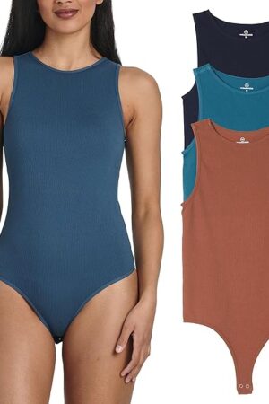 3 Pack: Womens Ribbed Sleeveless Bodysuit Racerback Halter High Neck Tank Tops Sexy Outfit