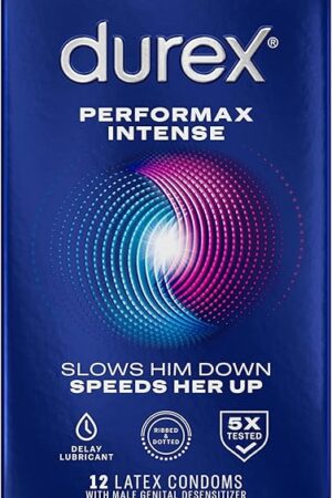 Condoms, Ultra Fine, Ribbed, Dotted with Delay Lubricant, Durex Performax Intense Natural Rubber Latex Condoms, 12 Count, Contains Desensitizing Lube for Men, FSA & HSA Eligible