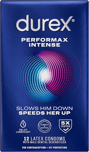 Condoms, Ultra Fine, Ribbed, Dotted with Delay Lubricant, Durex Performax Intense Natural Rubber Latex Condoms, 12 Count, Contains Desensitizing Lube for Men, FSA & HSA Eligible