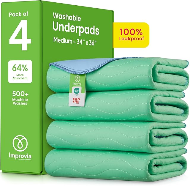 IMPROVIA? Washable Underpads, 34" x 36" (Pack of 4) - Heavy Absorbency Reusable Bedwetting Incontinence Pads for Kids, Adults, Elderly, and Pets - Waterproof Protective Pad for Bed, Couch, Sofa, Floor
