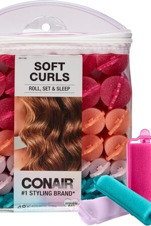 Conair Foam Hair Rollers - 48 Count, Assorted Colors - Heatless Curls, Overnight Curls, Foam Rollers with Storage Case