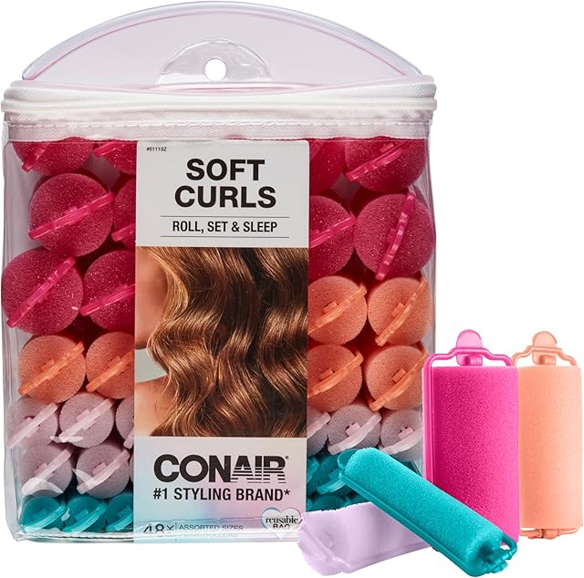Conair Foam Hair Rollers - 48 Count, Assorted Colors - Heatless Curls, Overnight Curls, Foam Rollers with Storage Case