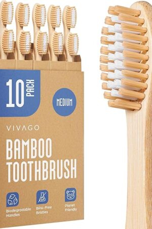 Bamboo Toothbrushes Medium Bristles 10 Pack - BPA Free Medium Bristles Toothbrushes for Adults - Eco-Friendly, Natural Wooden Toothbrush