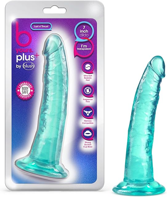 Blush Novelties B Yours Plus Lust n? Thrust Suction Cup Harness Compatible Transparent Teal Tapered Head Sex Toy for Adults Men Women"