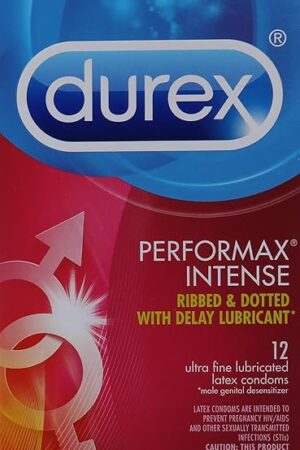 Durex Performax Intense Ribbed and Dotted with Delay Lubricant Premium Condom, 12 Count