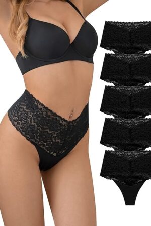 Women Seamless High Waist Underwear Sexy Floral Lace Thong Soft Comfortable Panties Pack