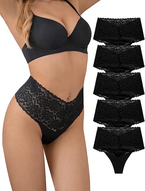 Women Seamless High Waist Underwear Sexy Floral Lace Thong Soft Comfortable Panties Pack