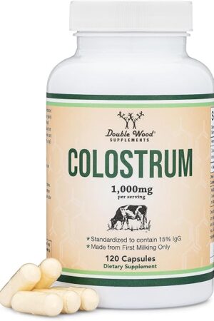 Colostrum Supplement 120 Capsules, 1,000mg per Serving (Bovine Colostrum Powder from First Milking Only, Std to Contain 15% IgG Immunoglobulins) No Fillers, Third Party Tested by Double Wood