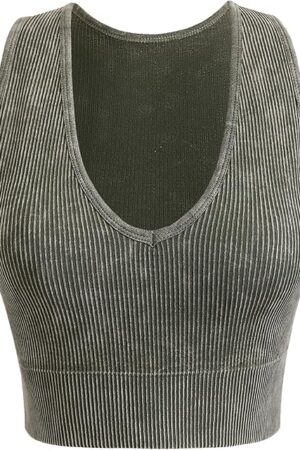 Women's 3 Pack Ribbed Racerback Crop Tank Top Seamless V-Neck Athletic Workout Cropped Tank Top Set