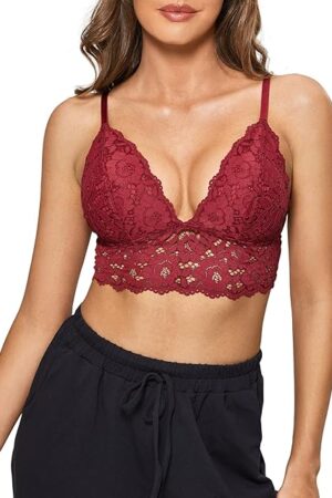 Women's Lace Padded Bralette Plunge Wireless Longline Bra for A to D Cups