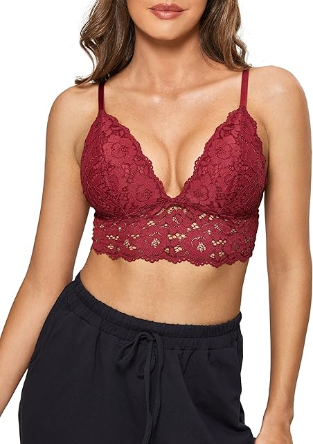 Women's Lace Padded Bralette Plunge Wireless Longline Bra for A to D Cups