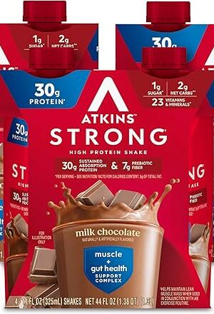 Atkins Strong High Protein Shake, Milk Chocolate Flavored, 30g Protein, Low Carb and Low Sugar Shake, Keto Friendly, Gluten Free, Muscle and Gut Health Support Complex, 12 Count