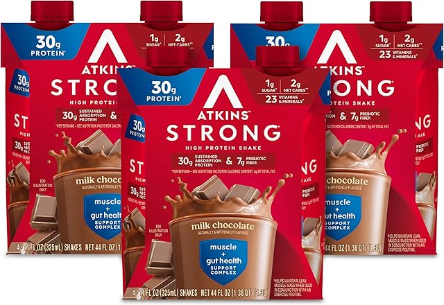 Atkins Strong High Protein Shake, Milk Chocolate Flavored, 30g Protein, Low Carb and Low Sugar Shake, Keto Friendly, Gluten Free, Muscle and Gut Health Support Complex, 12 Count