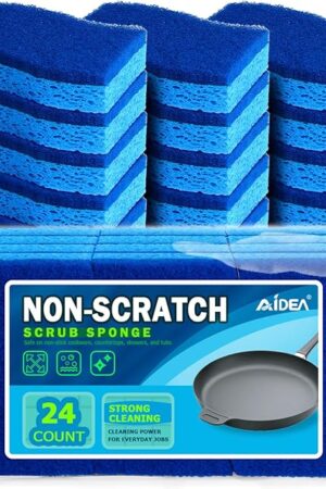 AIDEA Non Scratch Scrub Sponge, 24Count, Sponges for Dishes, Sponges Kitchen, Cleaning Sponge, Cleans Fast Without Scratching, Stands Up to Stuck-on Grime, Cleaning Power for Everyday Jobs