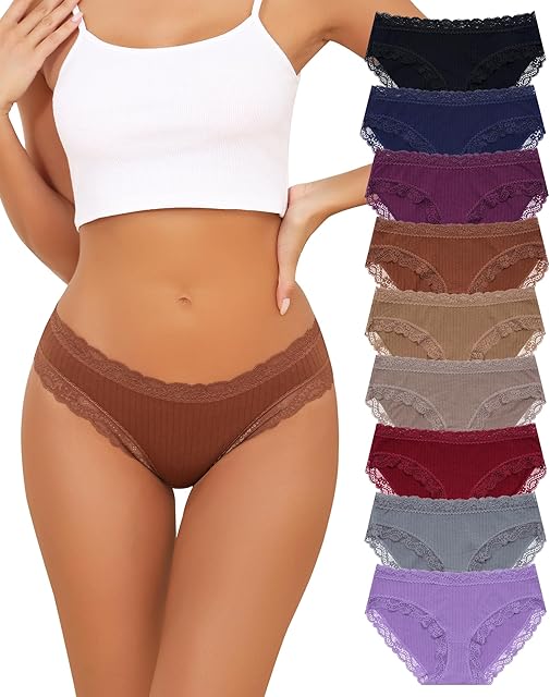 Cotton Underwear for Women Lace Cheeky Bikini Panties Full Coverage Soft Stretch Hipster Ladies Briefs 9 Pack S-XL