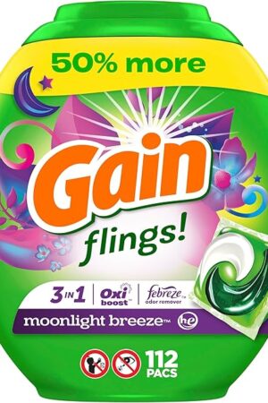 Gain flings Laundry Detergent Soap Pacs HE Compatible 112 ct Long Lasting Scent Moonlight Breeze(Packaging May Vary)