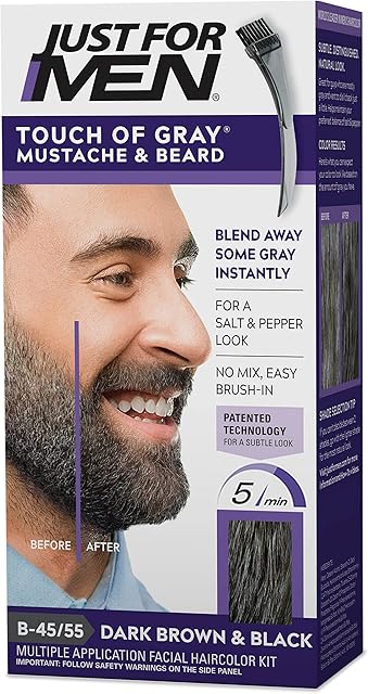 Just For Men Touch of Gray Mustache & Beard, Beard Coloring for Gray Hair with Brush Included for Easy Application, Great for a Salt and Pepper Look - Dark Brown & Black, B-45/55, Pack of 1