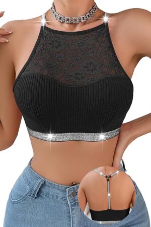 Women's Sexy Floral Crop Tops Lace Bralette Glitter Strap Y2K Cami Shiny Lingerie Racerback Bra Top
