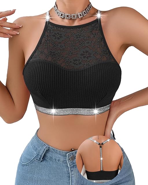 Women's Sexy Floral Crop Tops Lace Bralette Glitter Strap Y2K Cami Shiny Lingerie Racerback Bra Top