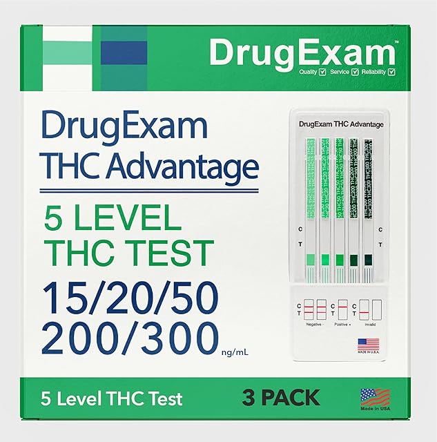 3 Pack - DrugExam THC Advantage Made in USA Multi Level Marijuana Urine Test Kit Highly Sensitive THC 5 Level Drug Test Kit Detects at 15 ng/mL, 20 ng/mL, 50 ng/mL, 200 ng/mL and 300 ng/mL (3)