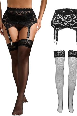 Women Thigh Highs Stocking for Garter Belt Sexy Mesh Lace Plus Size Suspender with 4 Straps Metal Clips
