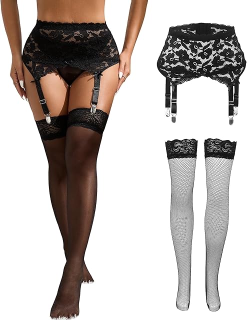 Women Thigh Highs Stocking for Garter Belt Sexy Mesh Lace Plus Size Suspender with 4 Straps Metal Clips