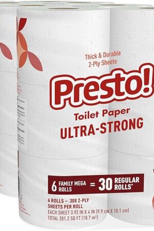 Amazon Brand - Presto! 2-Ply Ultra-Strong Toilet Paper, 24 Mega Rolls Toilet Paper = 120 regular rolls, 308 Sheet (Pack of 24), Unscented