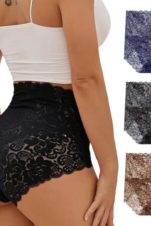 3Pcs Wateresty Sexy High Waist Pretty Lace Panties for Women, Tummy Control Breathable Plus Size Underwear