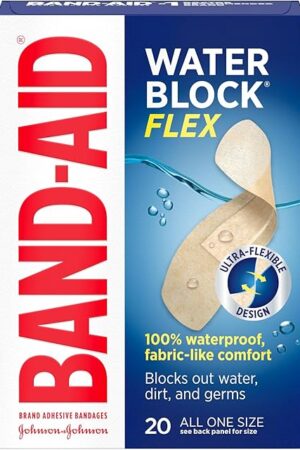 Band-Aid Brand Water Block Flex 100% Waterproof Adhesive Bandages for First-Aid Wound Care of Minor Cuts, Scrapes & Wounds, Ultra-Flexible Design, Sterile, All One Size, 20 ct