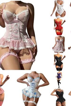 Women's Lace Up Bowknot Ruffle Sexy Lace Corset Top and Panty Naughty Outfits with Thong Lingerie Garter Set