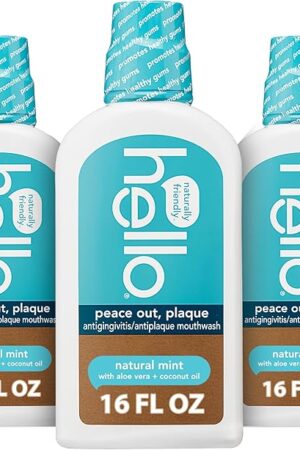 Hello Peace Out Plaque, Antigingivitis Alcohol Free Mouthwash, Natural Mint with Aloe Vera and Coconut Oil, Fluoride Free, Vegan, SLS Free and Gluten Free, 16 Ounce (Pack of 3)