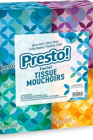 Amazon Brand - Presto! Ultra-Soft 3-Ply Premium Facial Tissues, 264 Count (4 Packs of 66), (Packaging May Vary)
