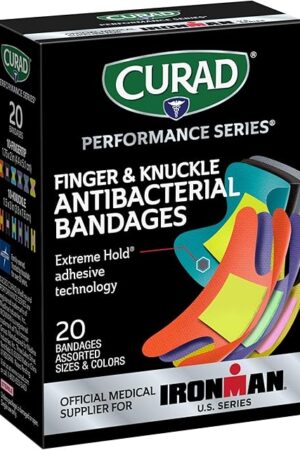 CURAD Performance Series IRONMAN Antibacterial Bandages, Extreme Hold Adhesive Technology, Finger & Knuckle Bandages, Flexible Fabric, Variety Pack with Assorted Sizes & Colors, 20 Count