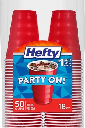 Hefty Party On Red Plastic Cups, Disposable Plastic Party Cups for Easy Cleanup and Large Gatherings, Red Cups for BBQs, Birthdays, Parties, and More, 18 Ounce, 50 Count