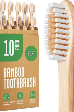 Bamboo Toothbrushes 10 Pack - BPA Free Soft Bristles Toothbrushes, Eco-Friendly, Natural Wooden Toothbrush