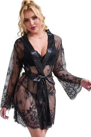 Women Black Lace Kimono Robe Plus size Lingerie Robe Sheer Mesh Chemise Nightgown Babydoll Lace Lingerie
