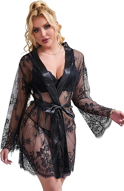 Women Black Lace Kimono Robe Plus size Lingerie Robe Sheer Mesh Chemise Nightgown Babydoll Lace Lingerie