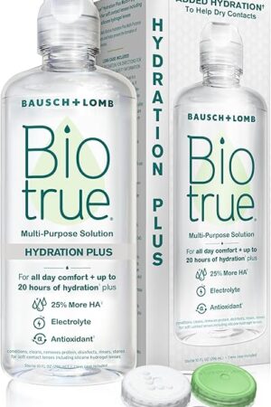 Biotrue Hydration Plus Contact Lens Solution with Lens Case, Multi-Purpose Solution for Soft Lenses, Hydrates with Hyaluronan, Cleans, Clears, and Disinfects for All-Day Comfort, 10 Fl Oz (Pack of 1)