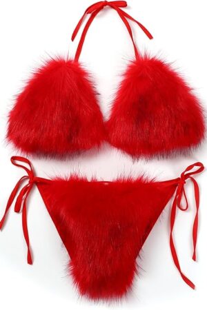 Women's Detachable Faux Fur Bikini Sets Halter Tie Two Piece Swimsuits for Party Stripper Outfit