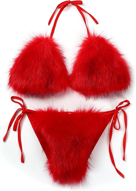 Women's Detachable Faux Fur Bikini Sets Halter Tie Two Piece Swimsuits for Party Stripper Outfit