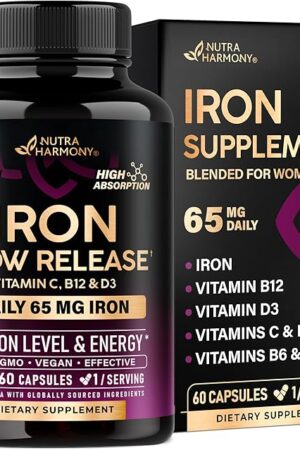 Iron Supplement for Women - Iron 65mg (Ferrous Sulfate 325mg) - Stomach Friendly | Slow Release Iron | High Absorption - Vitamins C, D3, B6, B12 & Folate - Iron Level & Energy Support - 60 Capsules